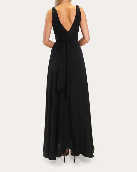 Chic A-Line Deep V Sleeveless Open Back Floor Length For Adults Prom Dress by YiHuiw