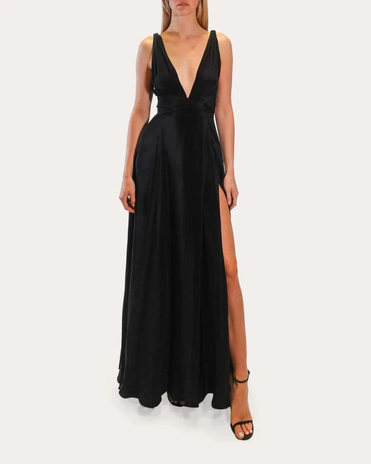 Chic A-Line Deep V Sleeveless Open Back Floor Length For Adults Prom Dress by YiHuiw