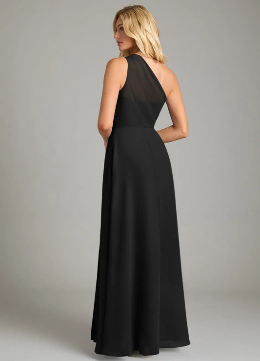 Black A-Line One-Shoulder Sleeveless Floor-Length Evening Dress - Yihuiw by Yihuiw
