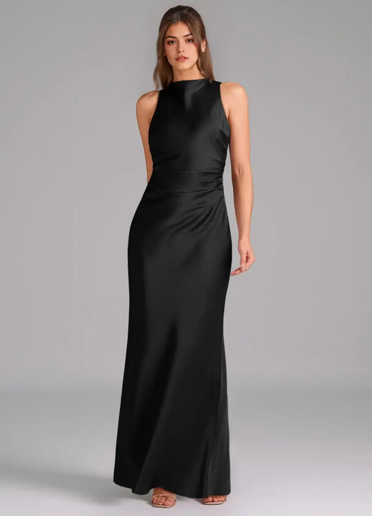 Black Mermaid Halter Satin Floor-Length Evening Dress - Yihuiw by Yihuiw