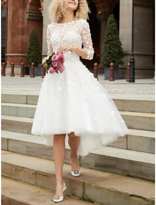 A-Line Three-Quarter Sleeve Mini Wedding Dress - Yihuiw by Yihuiw