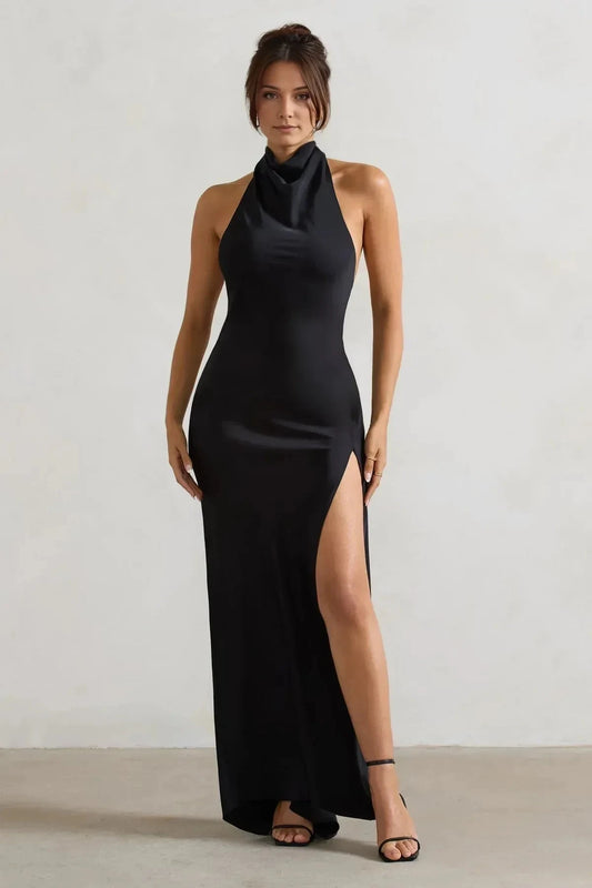 Chic Mermaid Halter Neck Sleeveless Bow Back High Slit Floor Length Prom Dress by YiHuiw