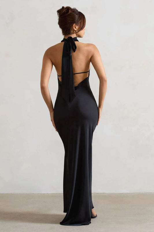 Chic Mermaid Halter Neck Sleeveless Bow Back High Slit Floor Length Prom Dress by YiHuiw