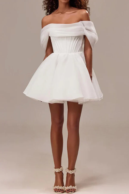 Off-Shoulder Lace Mini Wedding Dress - Yihuiw by Yihuiw