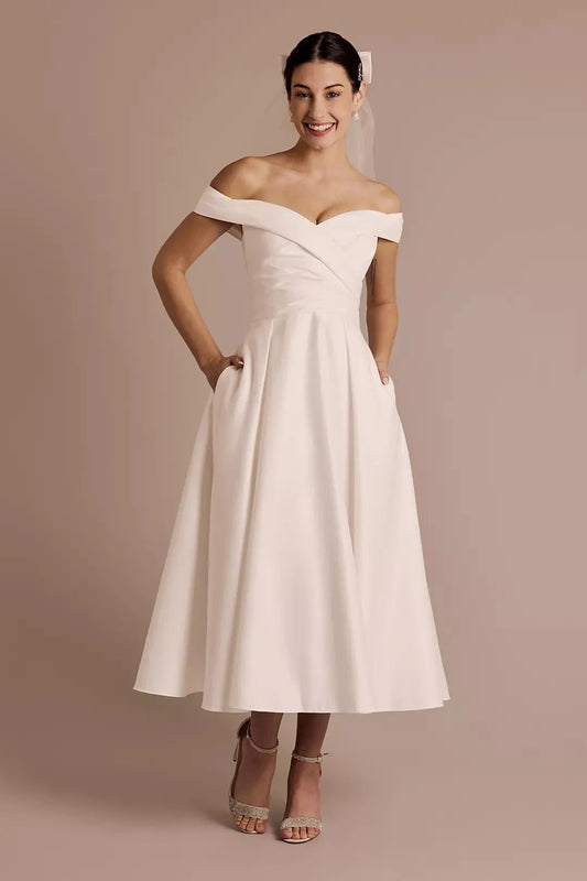 Chic A-Line Off-the-Shoulder Sweetheart Ruched Back Tea-Length Satin Wedding Dress by YiHuiw