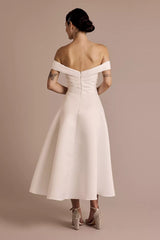 Chic A-Line Off-the-Shoulder Sweetheart Ruched Back Tea-Length Satin Wedding Dress