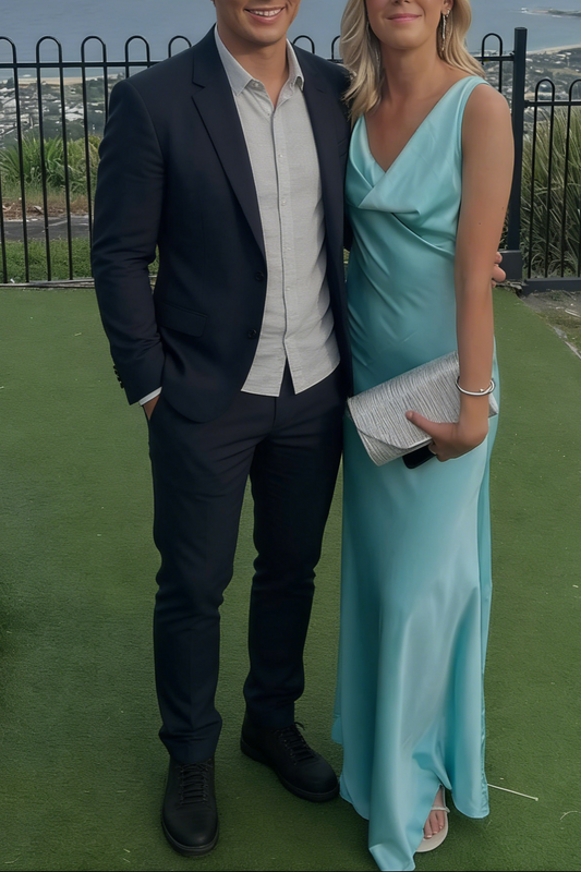 Chic Cowl Neck Spaghetti Strap Satin Mermaid Prom Dress with Open Tie-Back, High Slit & Back Zipper in Aqua Blue by JiMiss Dresses