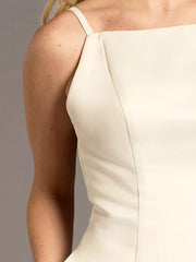 Chic Modern A-Line Spaghetti-Strap Square-Neck Satin Low-Back Pocketed Wedding Dress