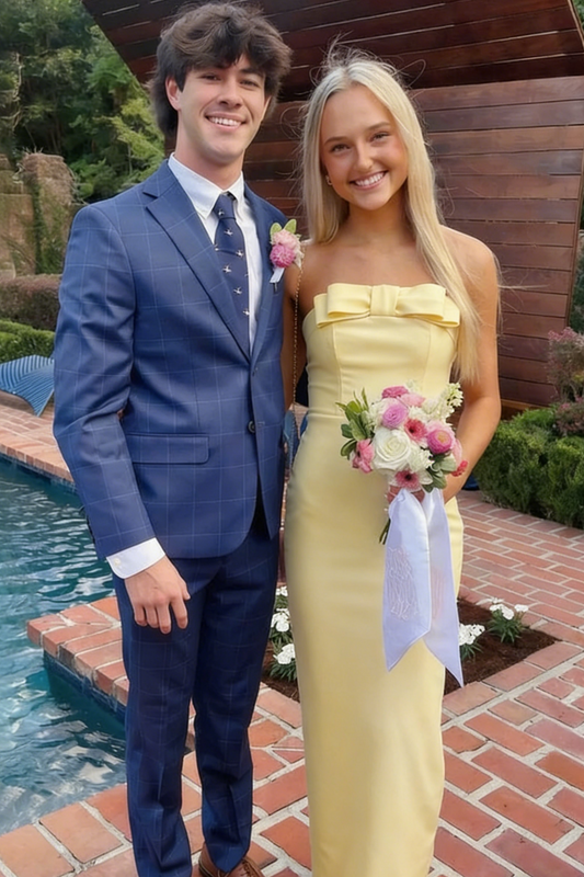Chic Pale Yellow Strapless Prom Dress with Bow Detail, Mermaid Silhouette and Back Slit by JiMiss Dresses