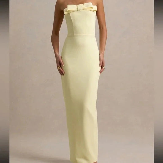 Chic Pale Yellow Strapless Prom Dress with Bow Detail, Mermaid Silhouette and Back Slit by JiMiss Dresses