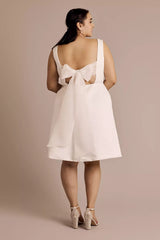 Chic Plus-Size Tea-Length Square-Neck Satin Bow-Back Pocketed Wedding Dress