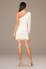 Chic Sequin-Lace One-Shoulder Mini Sheath Wedding Dress with Embellished Long Sleeve