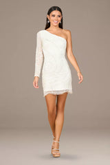 Chic Sequin-Lace One-Shoulder Mini Sheath Wedding Dress with Embellished Long Sleeve