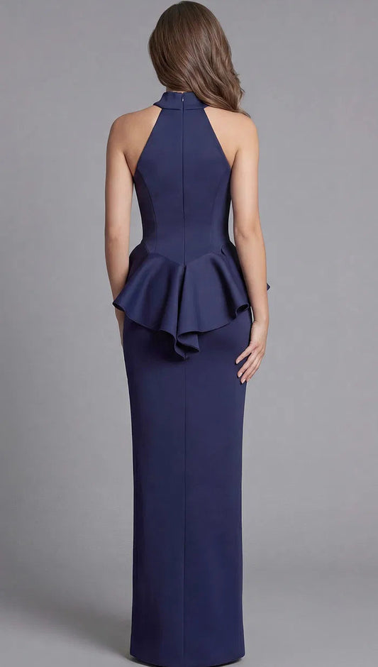 Chic Sheath Halter Neck Sleeveless Asymmetrical Ruffle Detail Floor-Length Evening Dress for Formal Events and Special Occasions