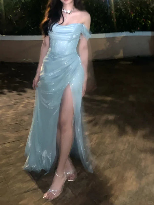 Sparkly tulle A-line off-the-shoulder open-back slit floor length evening dress