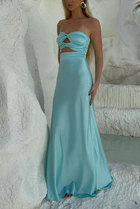 Chic satin sheath strapless twist cutout floor length evening dress