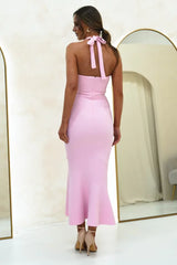 Chic textured bandage mermaid halter tie-back diagonal seam ruffle midi evening dress