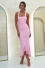 Chic textured bandage mermaid halter tie-back diagonal seam ruffle midi evening dress