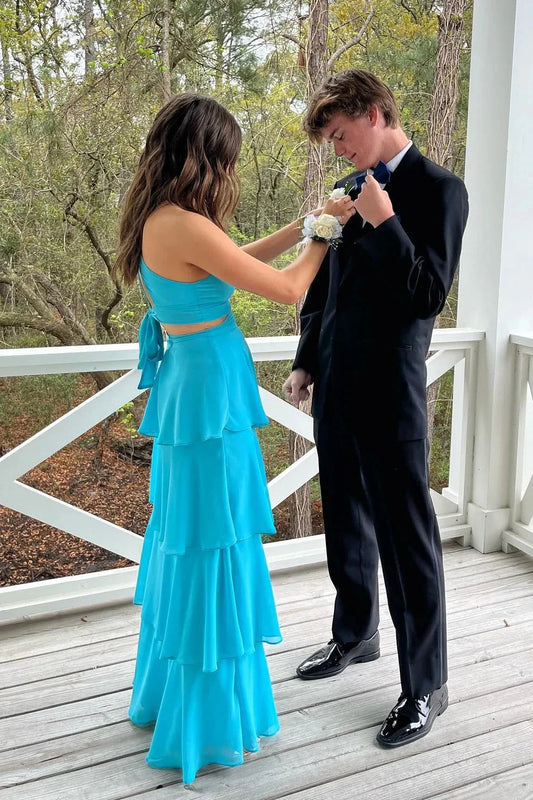 Chiffon Halter Deep V-Neck Side Cutout Tiered Ruffle A-Line Floor-Length Prom Dress by JiMiss Dresses