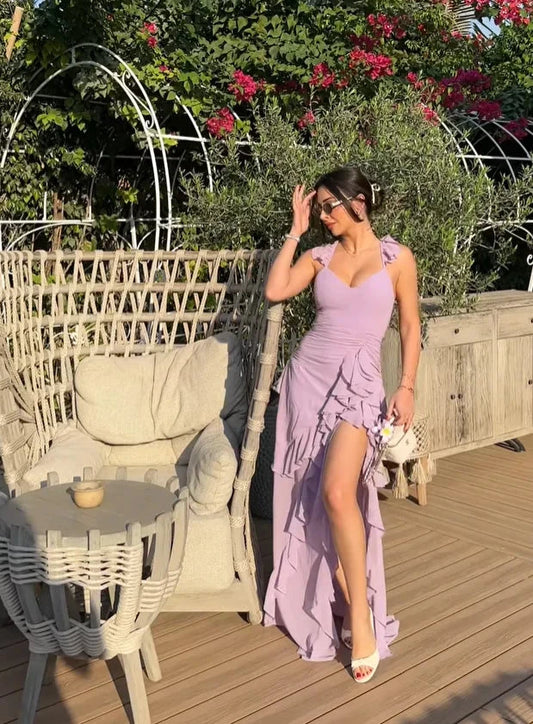 Chiffon Halter Neck Ruched Bodice Ruffle Trim High-Slit Open-Back Floor-Length Romantic Formal Evening Dress by YiHuiw