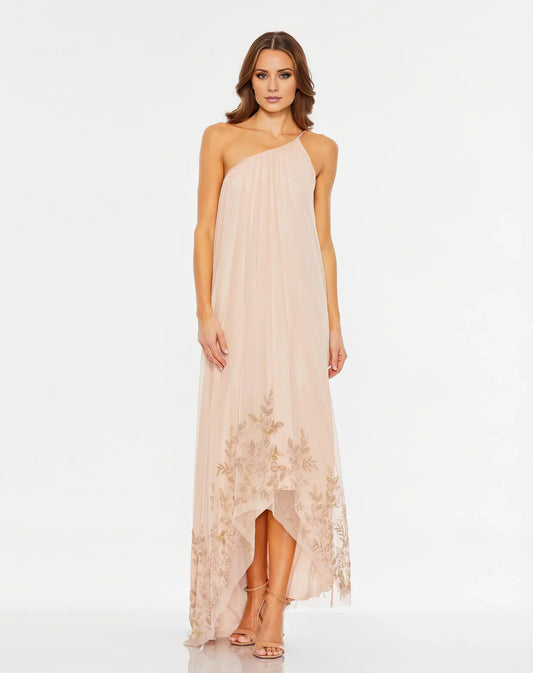 Chiffon One-Shoulder High-Low Hem Gold-Embroidered Flowy Silhouette Formal Evening Dress