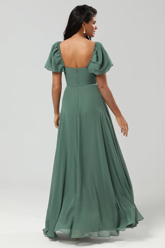 Green A-Line Chiffon Puff Sleeve Wedding Dress - Yihuiw by Yihuiw