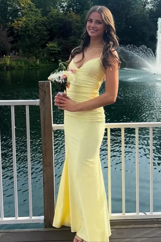 Chiffon Spaghetti-Strap Deep V-Neck Ruched Bodice Crisscross Back Mermaid Floor-Length Vibrant Evening Dress by YiHuiw