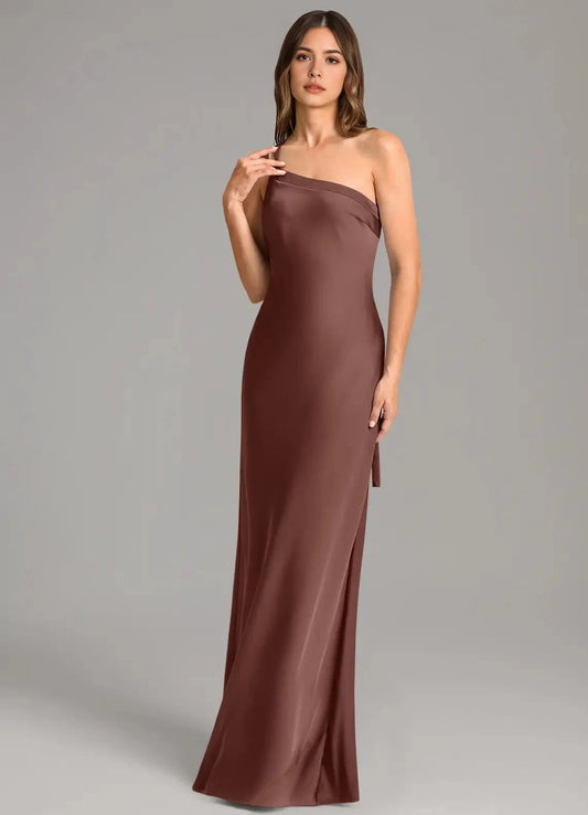 Chocolate Brown Satin One-Shoulder Maxi Dress with Open Back Mermaid One Shoulder Stretch Satin Dress Bridesmaid Dresses by YiHuiw