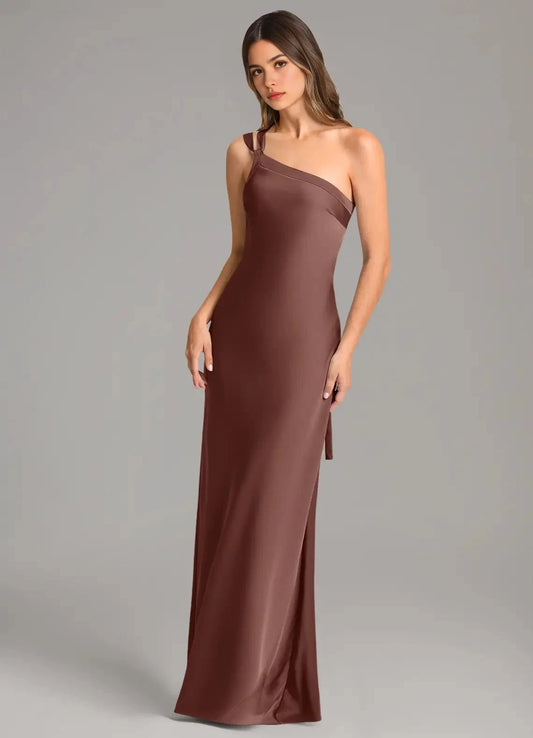 Chocolate Brown Satin One-Shoulder Maxi Dress with Open Back Mermaid One Shoulder Stretch Satin Dress Bridesmaid Dresses by YiHuiw