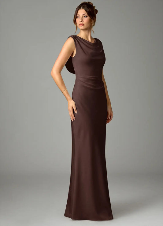 Mermaid Cowl Neck Satin Sleeveless Draped Floor-Length Wedding Dress - Yihuiw by Yihuiw