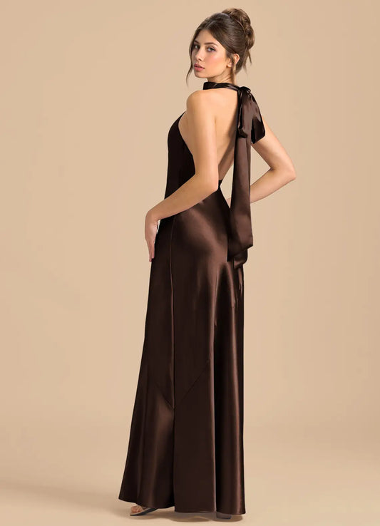 Mermaid Halter Satin Open Back Floor-Length Wedding Dress - Yihuiw by Yihuiw