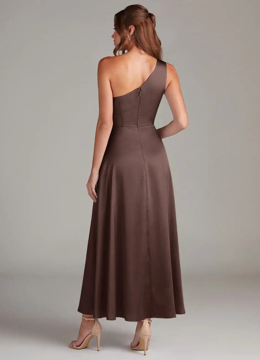 One-Shoulder Satin High Slit Midi Wedding Dress - Yihuiw by Yihuiw