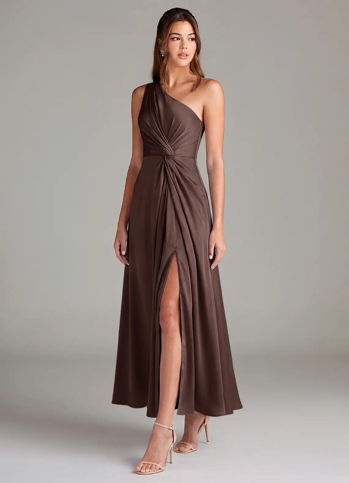 One-Shoulder Satin High Slit Midi Wedding Dress - Yihuiw by Yihuiw