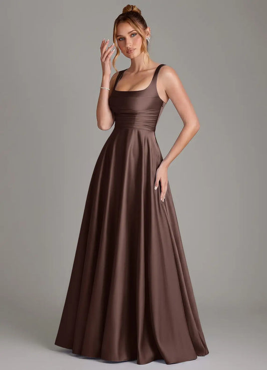 A-Line Square Neck Satin Lace-Up Back Ruched Floor-Length Wedding Dress - Yihuiw by Yihuiw