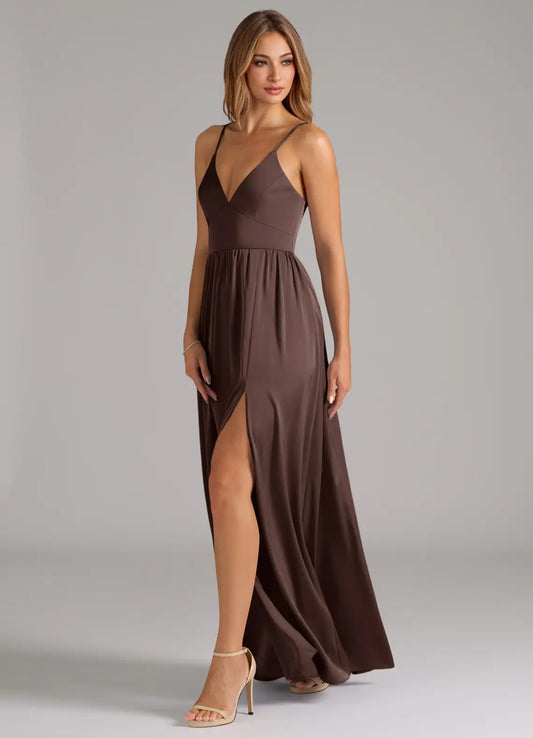 A-Line V-Neck Satin Lace-Up Back High Slit Wedding Dress - Yihuiw by Yihuiw
