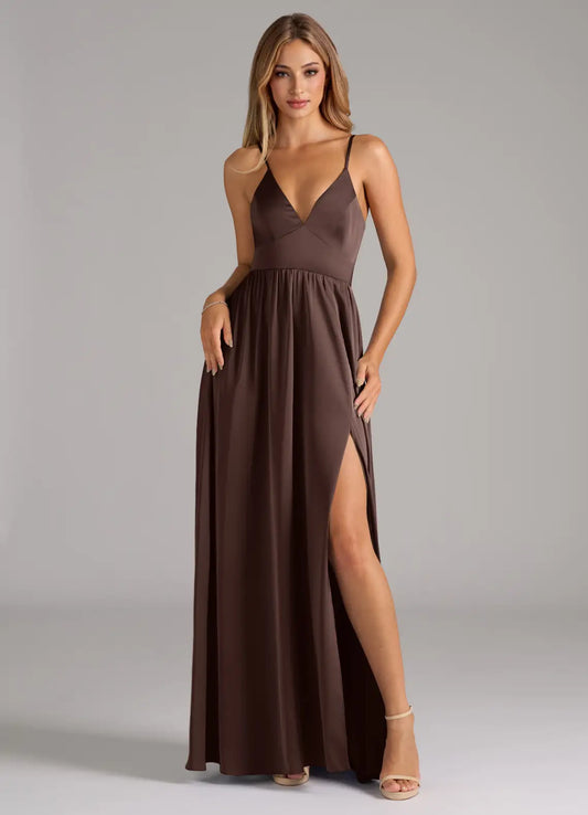 A-Line V-Neck Satin Lace-Up Back High Slit Wedding Dress - Yihuiw by Yihuiw