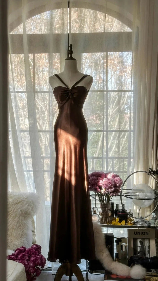 Chocolate Strapless V-Neck Long Mermaid Slim Satin Ball Gown Evening Dress simple gentle atmospheric and unique desi Bring summer colors to enhance whiteness by YiHuiw
