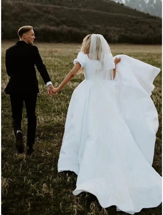 A-Line Square Neck Satin Short Sleeve Train Floor-Length Wedding Dress - Yihuiw by Yihuiw