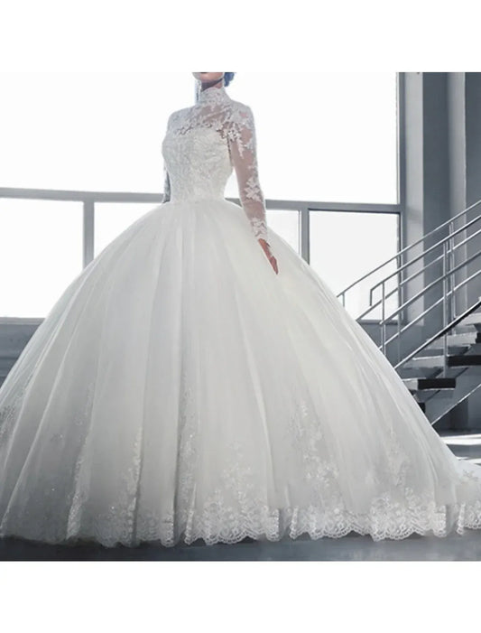 Ball Gown High Neck Tulle Long Sleeve Train Wedding Gown - Yihuiw by Yihuiw
