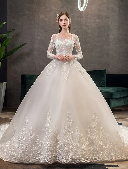 Ball Gown Sweetheart Lace Train Wedding Gown - Yihuiw by Yihuiw