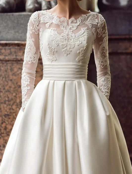 Ball Gown Illusion Satin Long Sleeve Train Wedding Gown - Yihuiw by Yihuiw