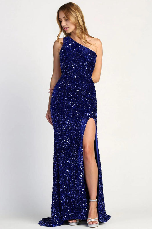 Sparkly Mermaid One Shoulder Sleeveless Open Back Train Floor Length Prom Dress
