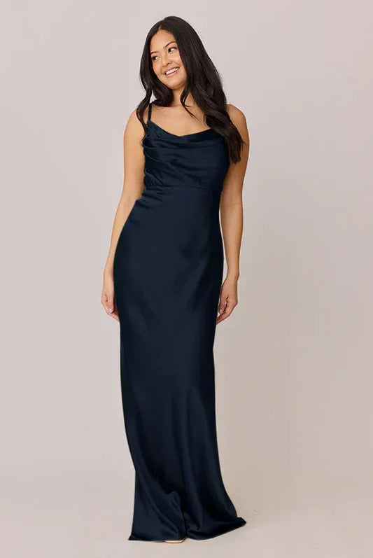 Navy Mermaid Spaghetti Strap Satin Open Back High Slit Wedding Dress - Yihuiw by Yihuiw