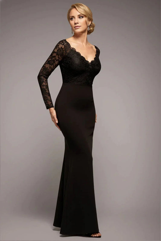 Classic Lace Long-Sleeve V-Neck Mermaid Floor-Length Mother of the Bride Dress by YiHuiw