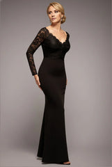 Classic Lace Long-Sleeve V-Neck Mermaid Floor-Length Mother of the Bride Dress