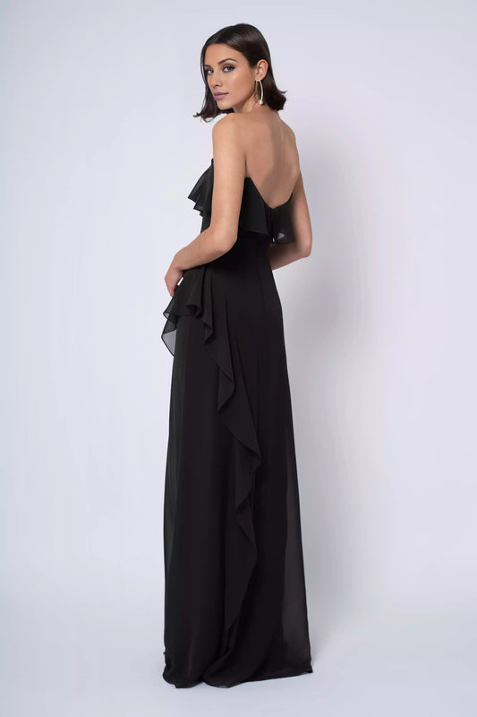 Classic chiffon off shoulder collar with ruffled edges and side slits, layered ruffled edges, Bridesmaid Dresses