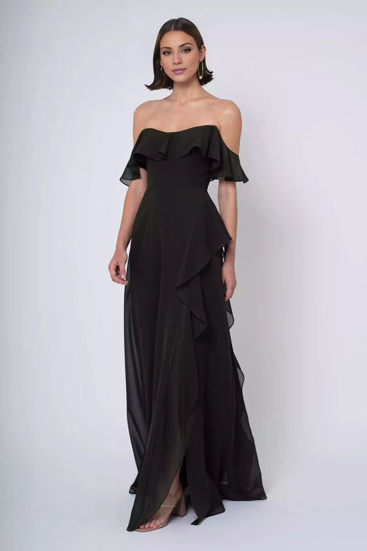 Classic chiffon off shoulder collar with ruffled edges and side slits, layered ruffled edges, Bridesmaid Dresses