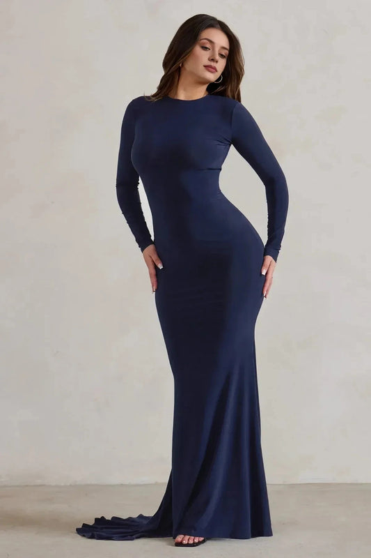 Classy Mermaid Crew Neck Long Sleeve Cutout Back Floor Length Prom Dress by YiHuiw