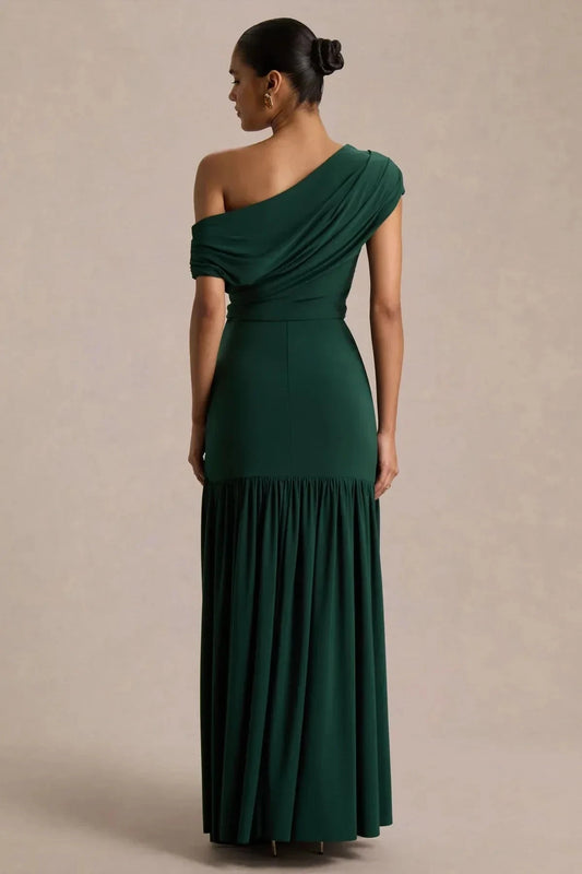 Classy Mermaid One Shoulder Draped Sleeve Ruched Back Floor Length Prom Dress by YiHuiw