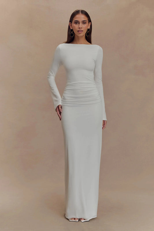 Classy Sheath Boat Neck Long Sleeve Cutout Back Floor Length Prom Dress by YiHuiw